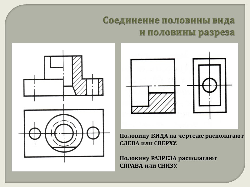 Соединение половины вида  и половины разреза Половину ВИДА на чертеже располагают  СЛЕВА